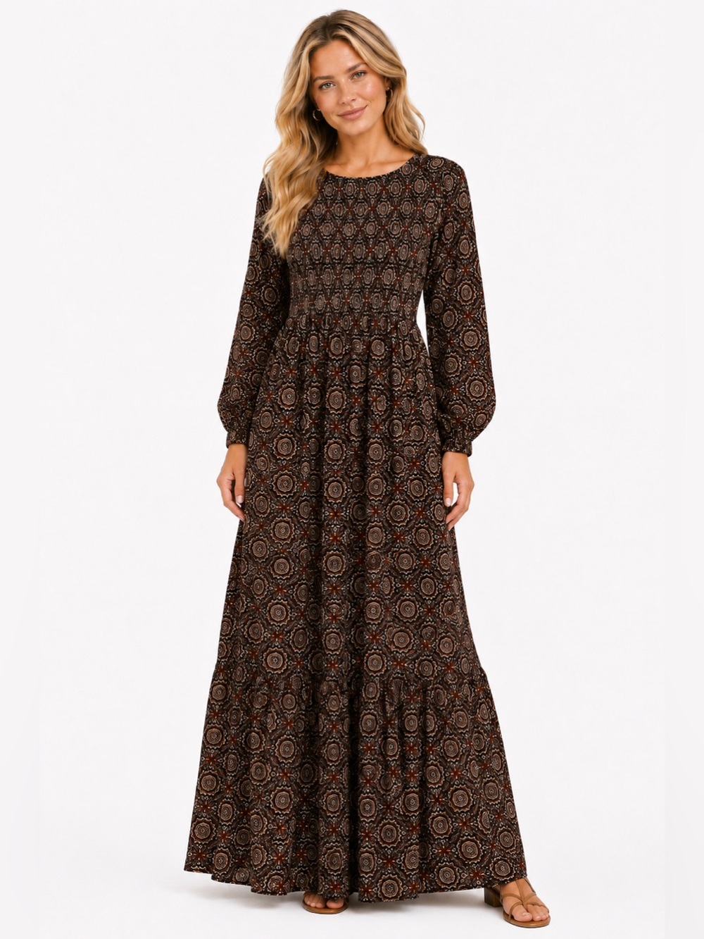 Bohme Size Large Long Sleeve Brown Patterned Maxi Dress Smocked